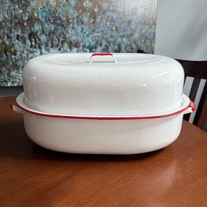 Classic White Enamelware Roasting Pan with Red Accents - vintage